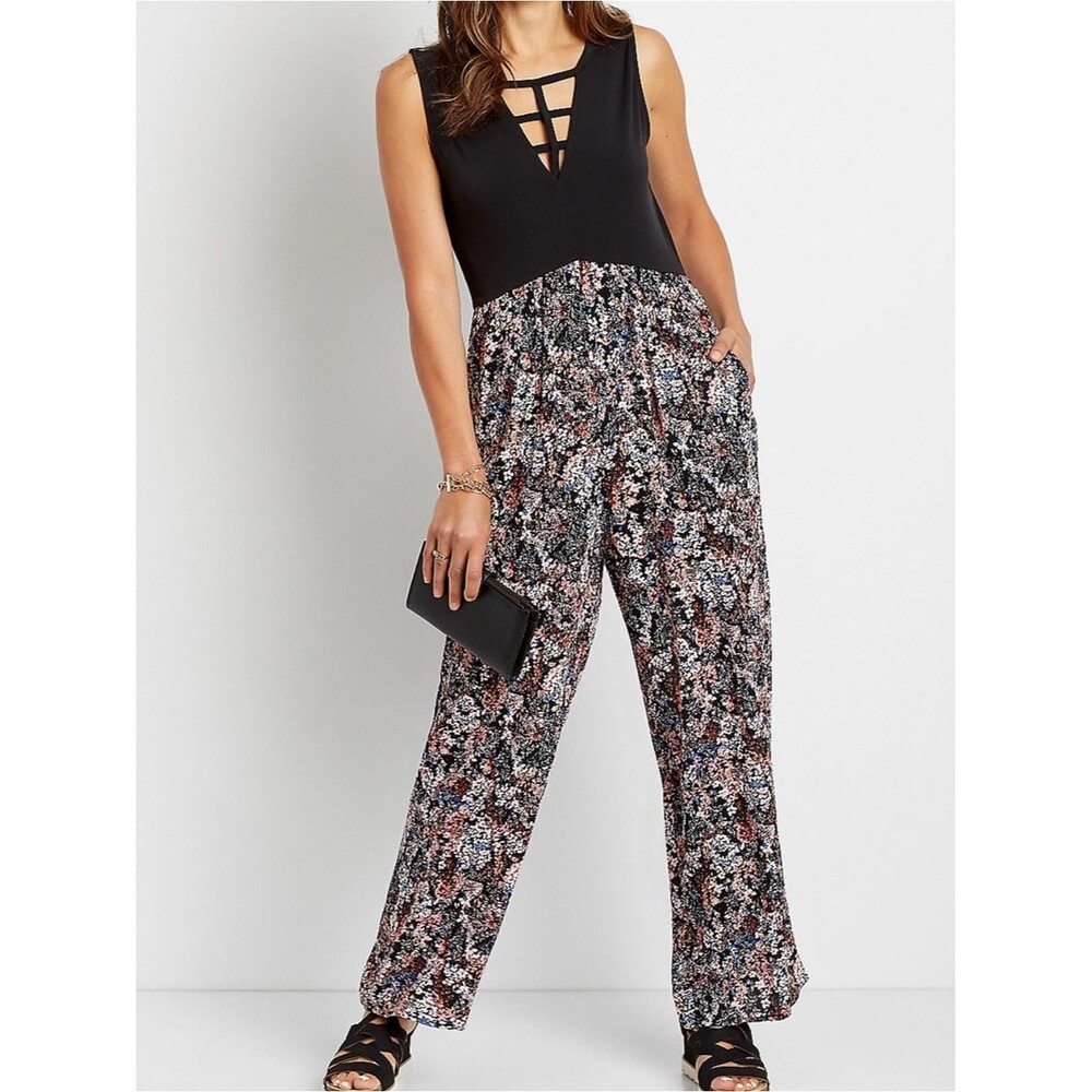 Maurices Black Floral Strappy Neck Jumpsuit Womens XS